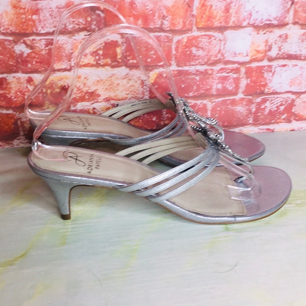 Adrianna Papell Silver Metallic Jeweled T-Strap Heels - Picture 2 of 9